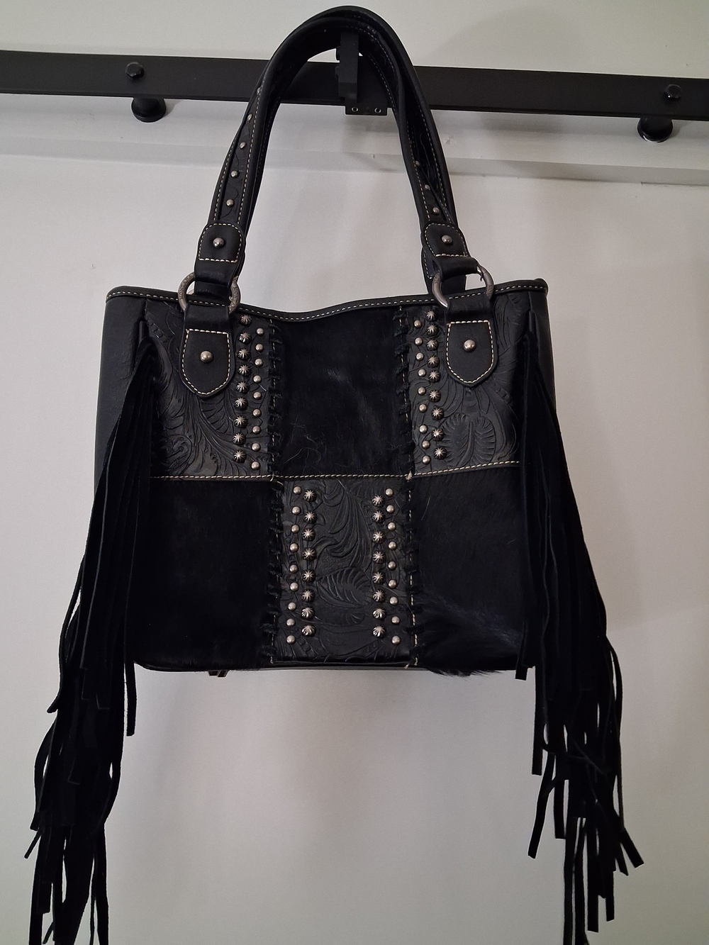 Montana West Concealed Carry Black Studded Leather Cow Hide Fringe Shoulder Tote
